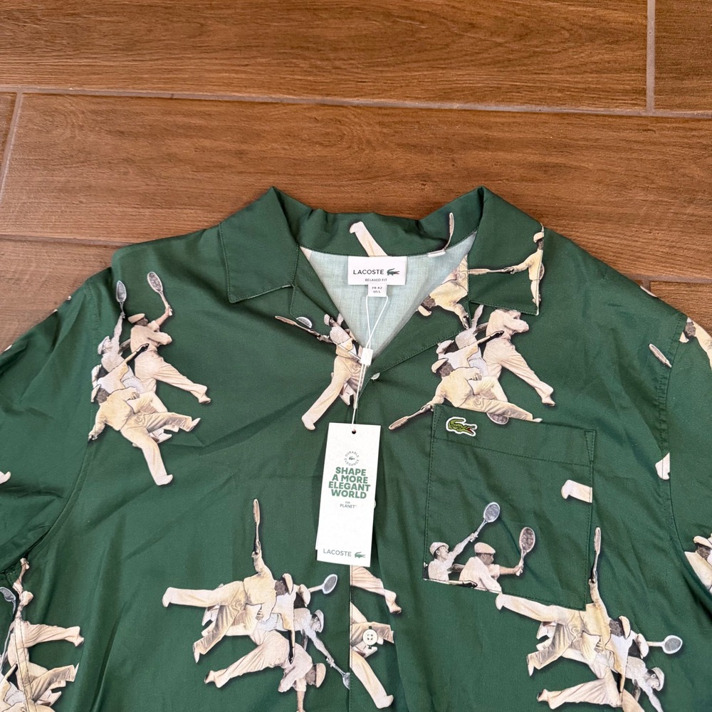 Lacoste Mens Relaxed Fit Green Tennis Print Camp Collar Shirt US L FR 42 NWT